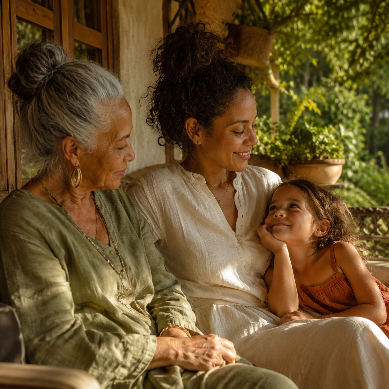 Two generations of a family sitting together in warm light