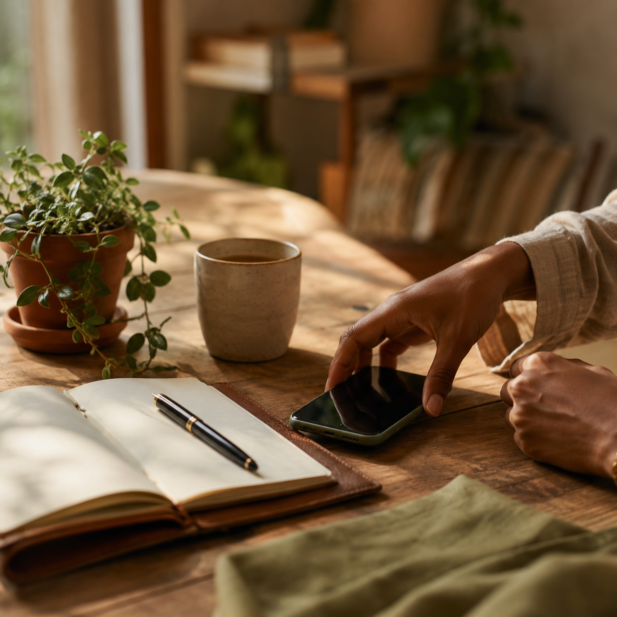 A quiet morning desk with a phone, notebook, and a warm cup of coffee