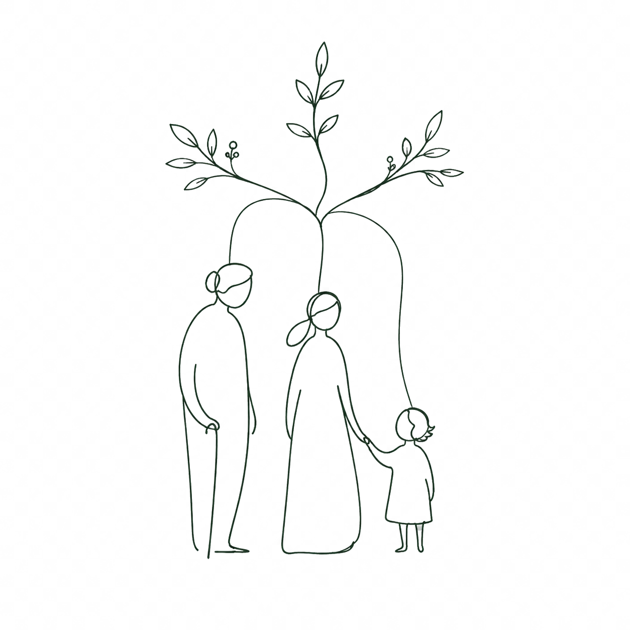 Hand-drawn line illustration of three generations of figures