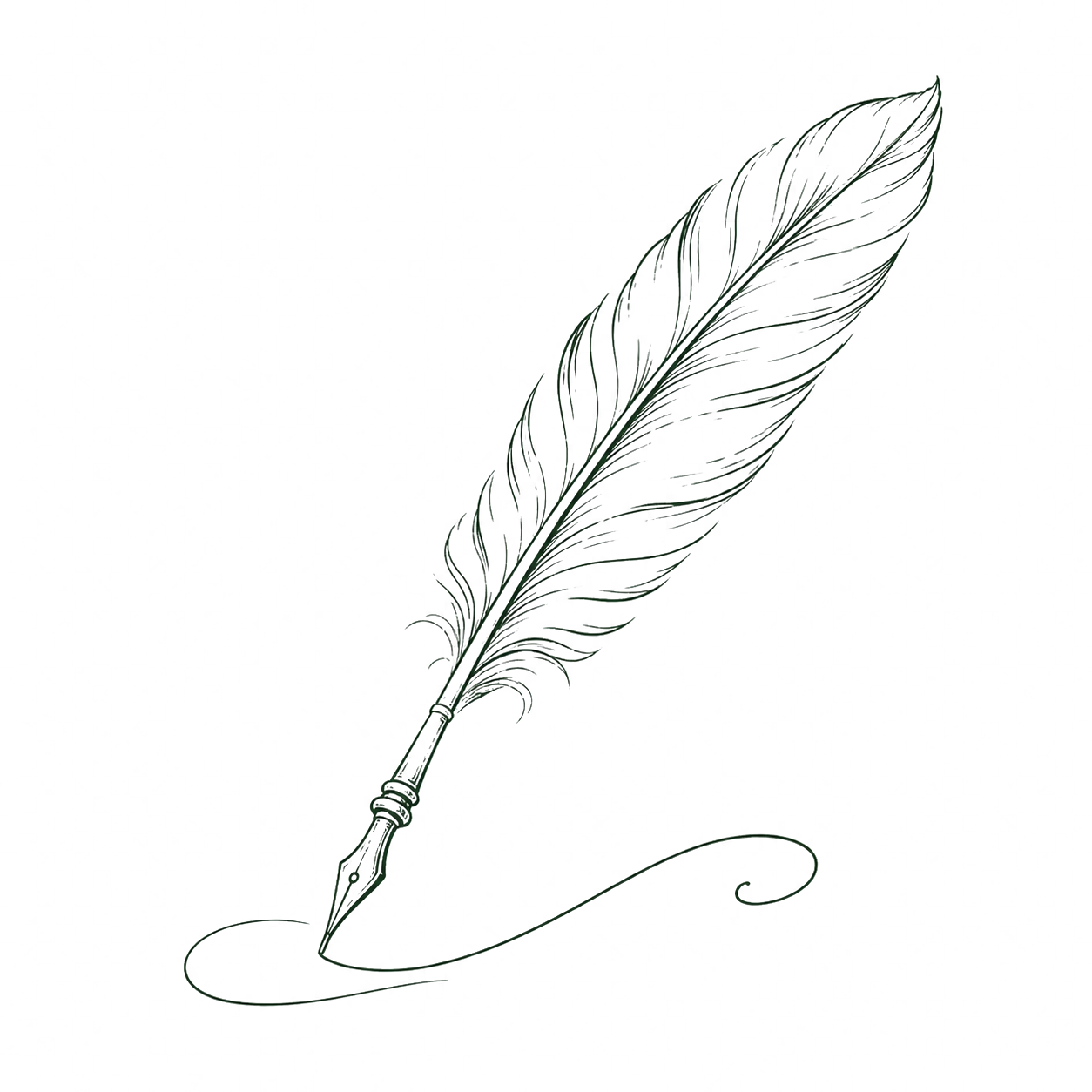 Hand-drawn line illustration of a feather quill
